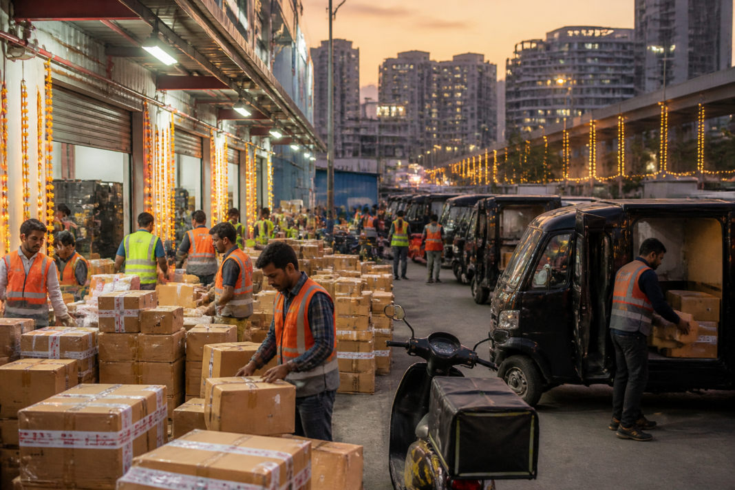 Urban delivery workers and parcels outside a modern Indian fulfilment centre during the festive shopping season