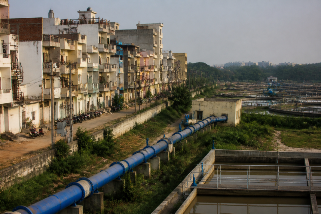 Bengaluru water security infrastructure showing a city water pipeline and rainwater harvesting system near an urban neighbourhood