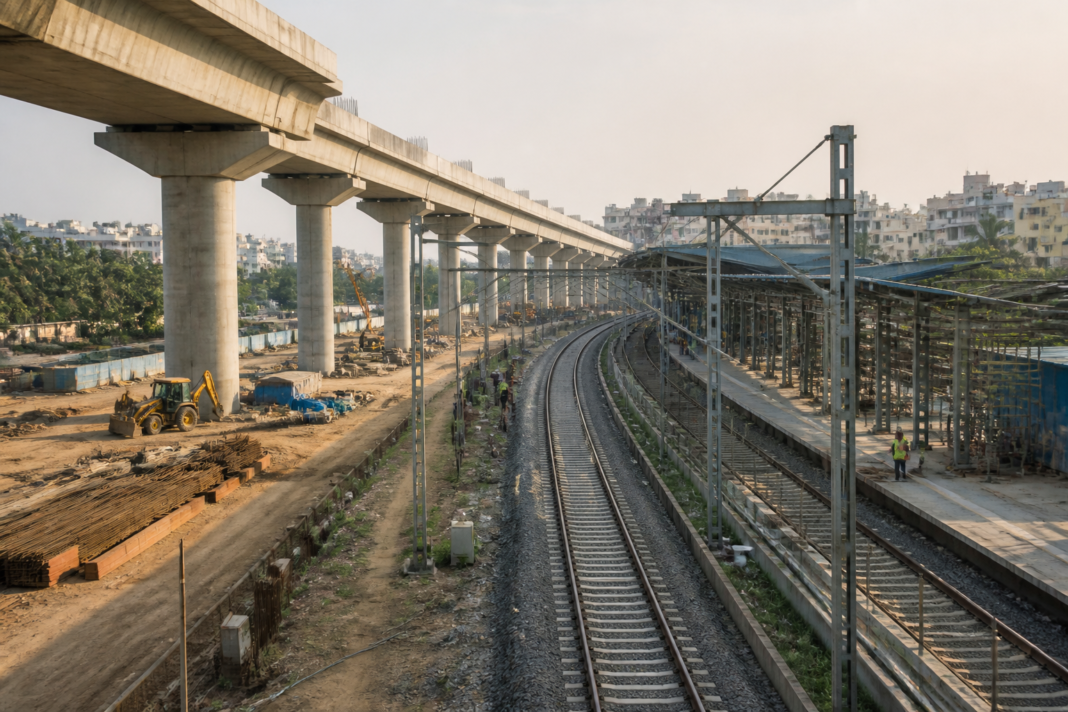Construction work on Bengaluru suburban rail infrastructure along the Chikkabanavara-Yeshwanthpur corridor