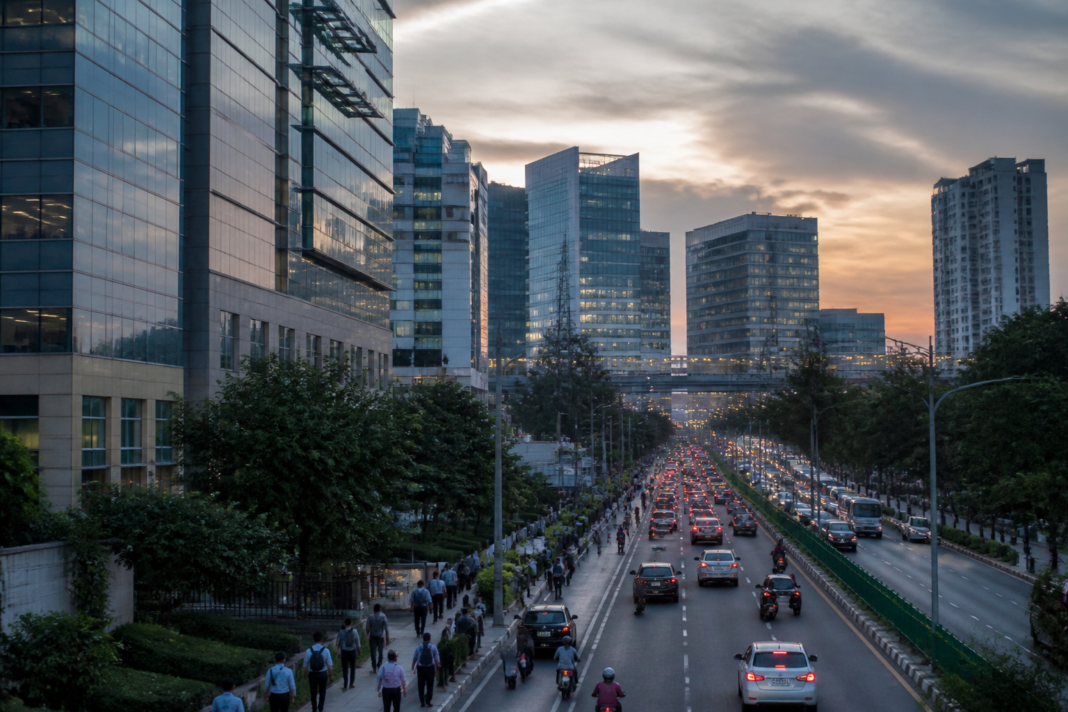 Bengaluru technology district skyline representing the city's large IT workforce and global employment links