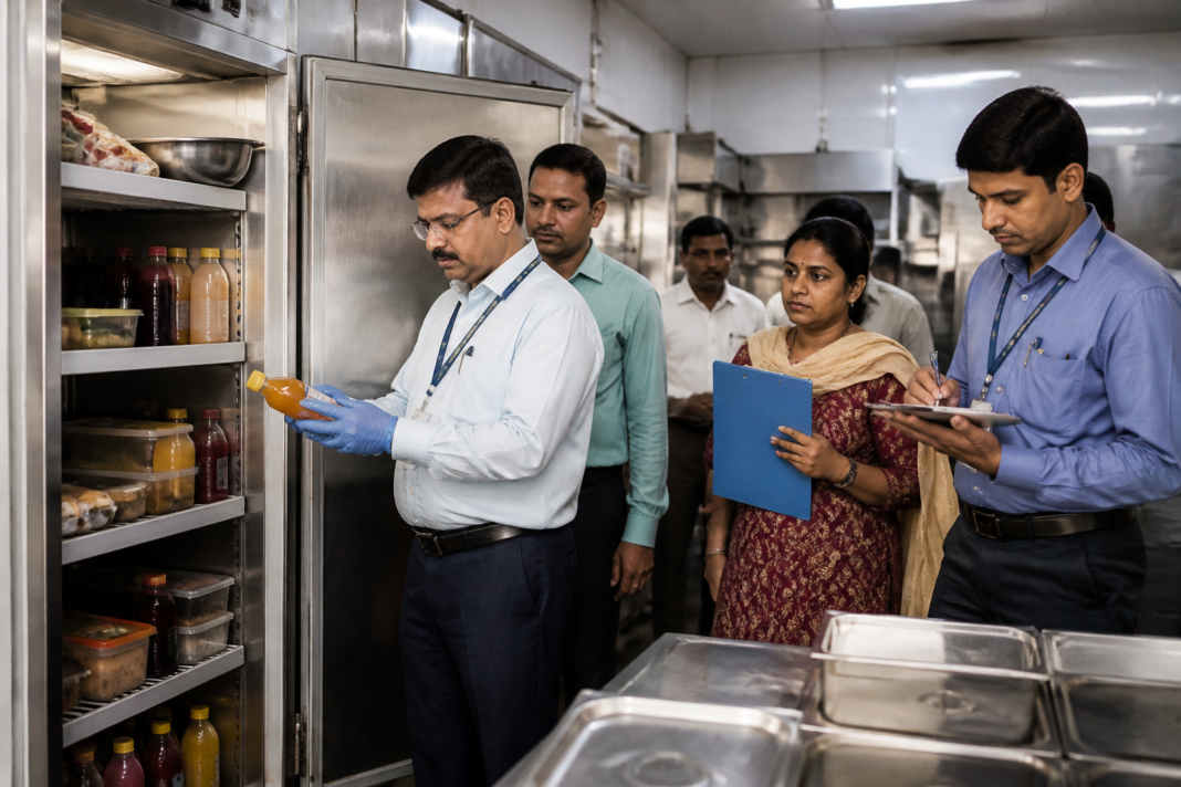 Food safety inspection at a Bengaluru commercial kitchen, representing the FDA inspection at Vivekanagar Hockey Club