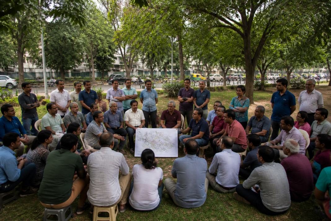 Residents gathered at CMH Park in Indiranagar to protest Bengaluru’s proposed elevated corridor project