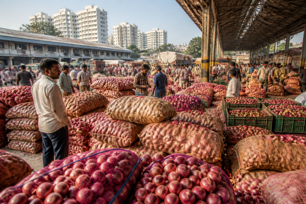 Onions displayed for sale at a Bengaluru market amid rising onion prices and government-subsidised distribution