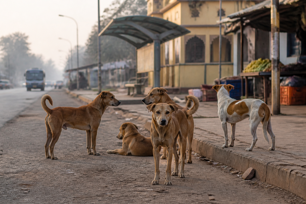 Stray dogs gathered near a public road in Soraba, where 1,522 dog-bite cases were recorded in eight months