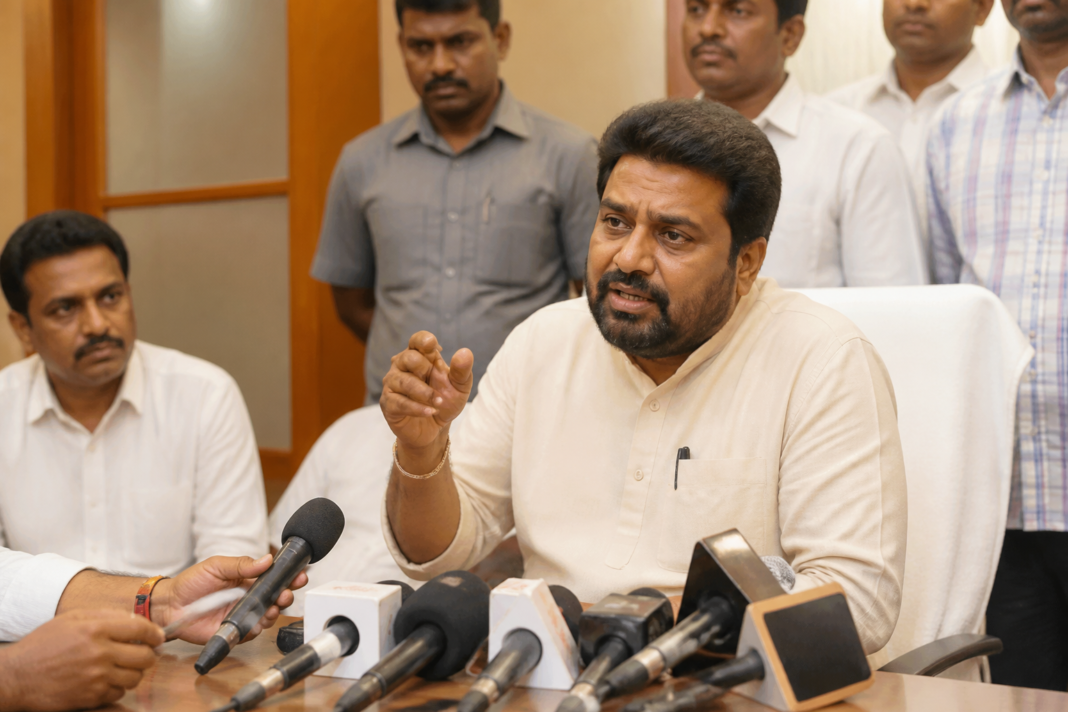 Karnataka Urban Development Minister Yathindra Siddaramaiah speaking to media representatives in Raichur about drought relief funds