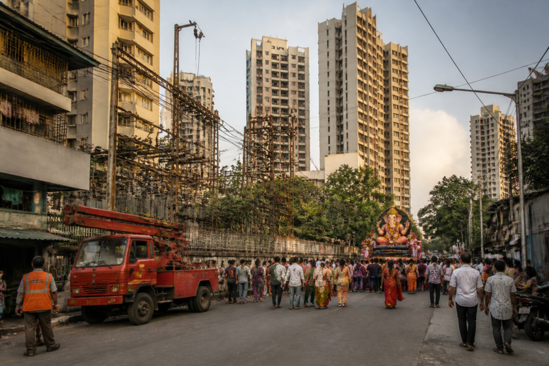 BEST electricity infrastructure and a dense Mumbai housing complex representing the undertaking's drive to add new customers