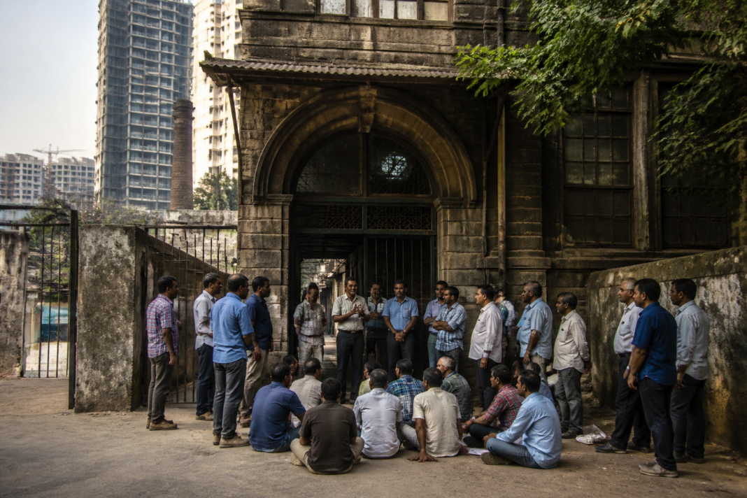 Century Mill entrance in Lower Parel, Mumbai, where mill workers are protesting a BMC land allotment proposal