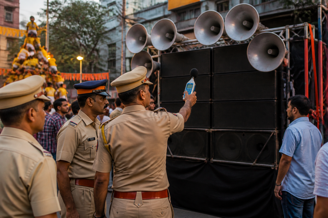 Sound equipment used during a Dahi Handi celebration in Pune as police enforce noise pollution limits