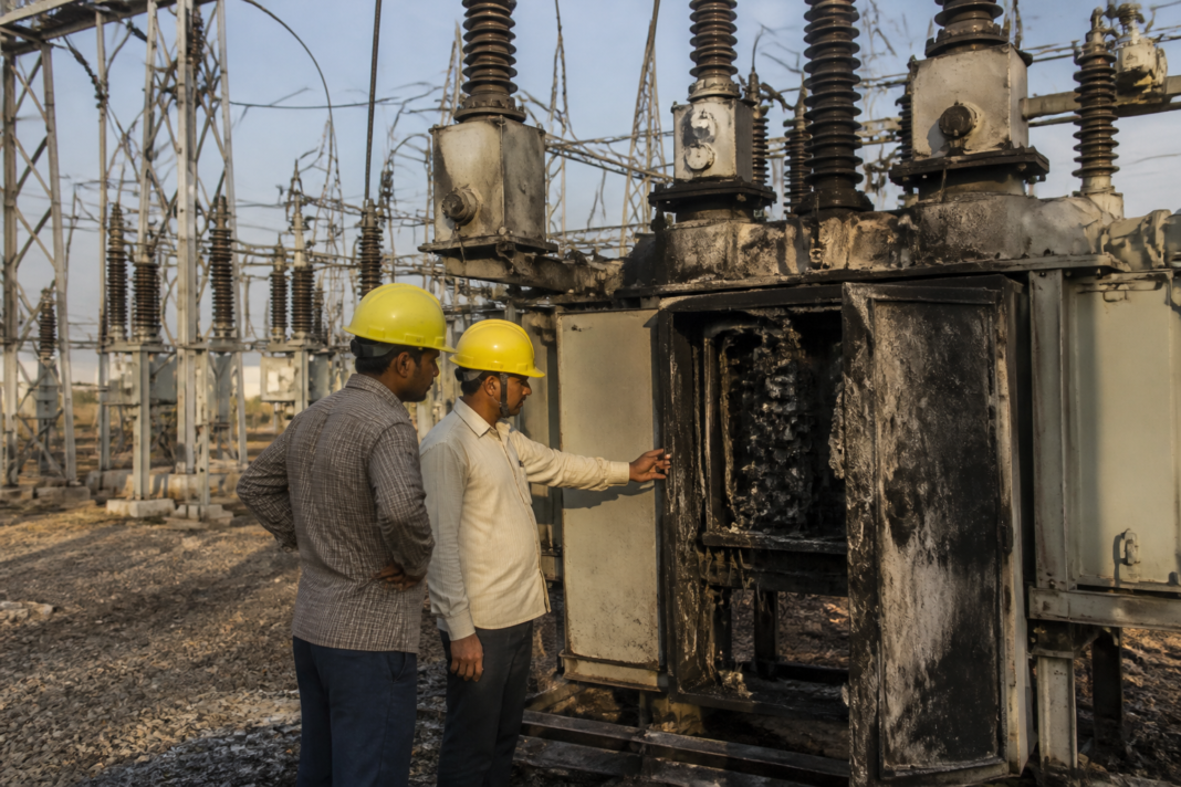 Fire-damaged electrical equipment at a high-voltage power substation in Chinchwad after the Pune power outage