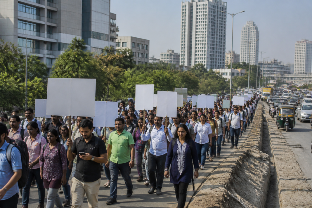 IT employees and residents marching with placards during a protest over Hinjawadi infrastructure and traffic problems in Pune