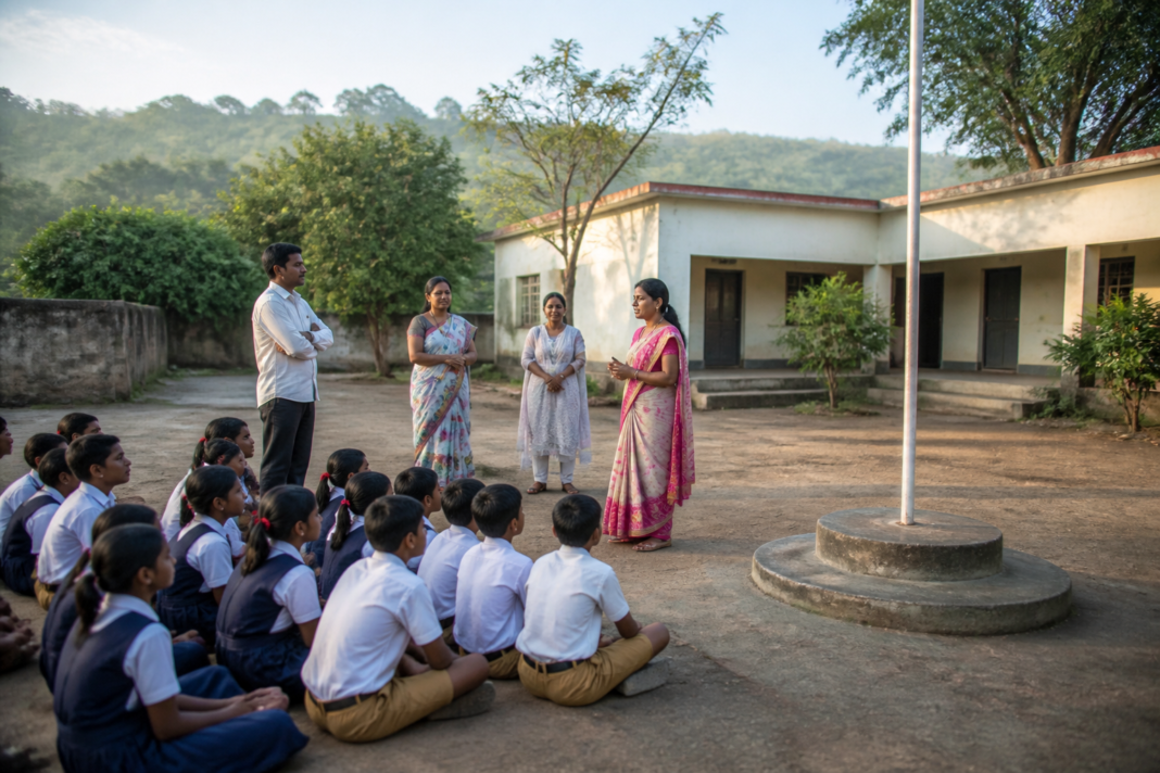 Students and teachers at a Pune Zilla Parishad school during an education recognition event