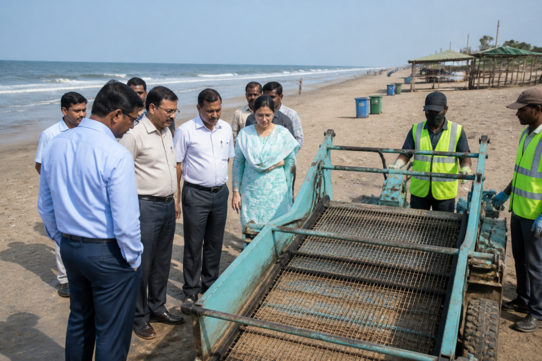 Civic officials inspecting cleaning and visitor facilities at Rajodi Beach in Nalasopara West