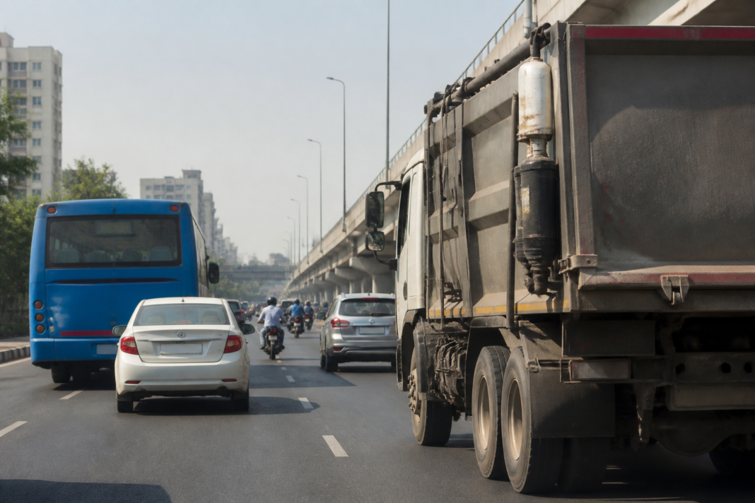 Commercial vehicles and passenger cars on an Indian urban road, illustrating BS7 emission norms and advanced vehicle emissions-control systems
