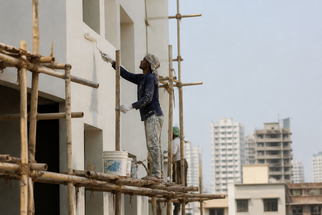 Paint demand in India reflected through paint cans and construction activity at an urban building site