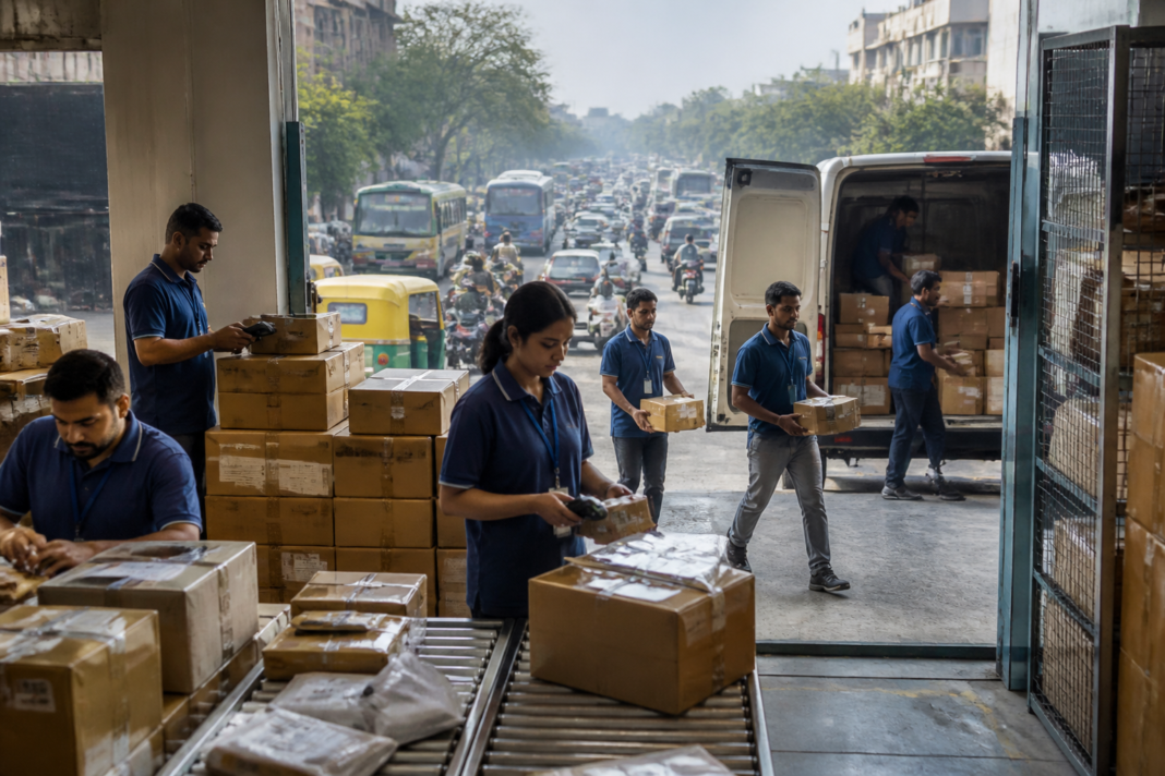 Quick commerce delivery worker preparing festive-season online retail orders in an Indian city fulfilment hub