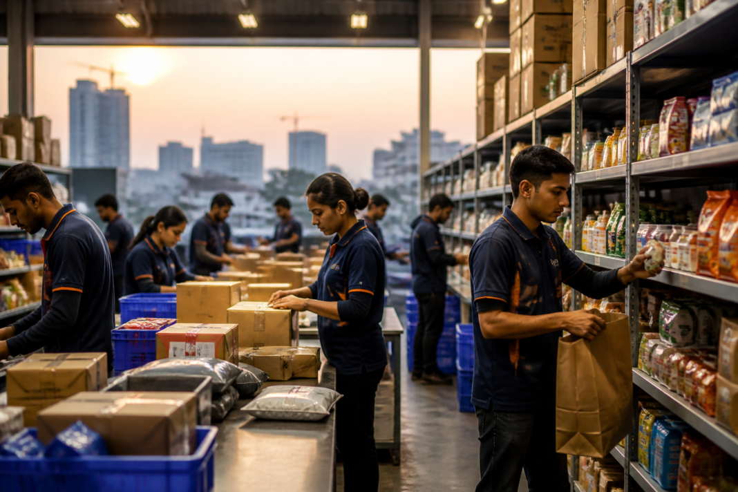 Delivery worker handling festive-season e-commerce packages at an urban quick-commerce fulfilment centre in India