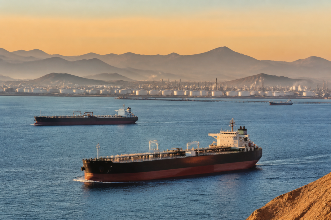 Oil tankers near a major maritime shipping route representing OPEC+ oil output and Strait of Hormuz supply risks