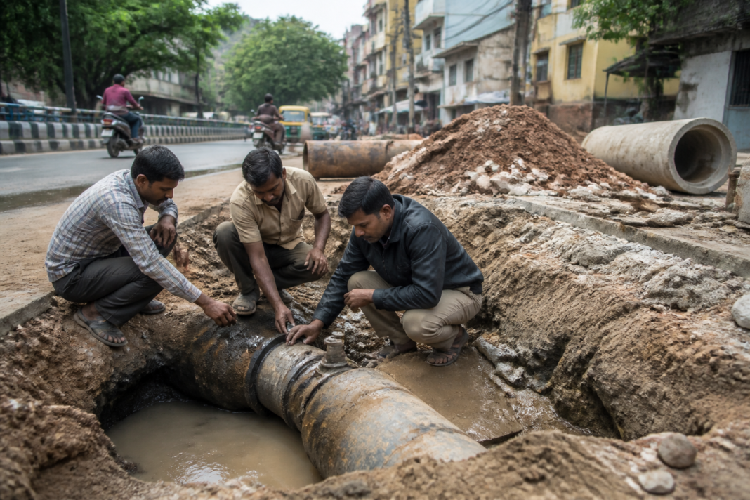 Ageing Bengaluru water pipelines being inspected beneath a city road