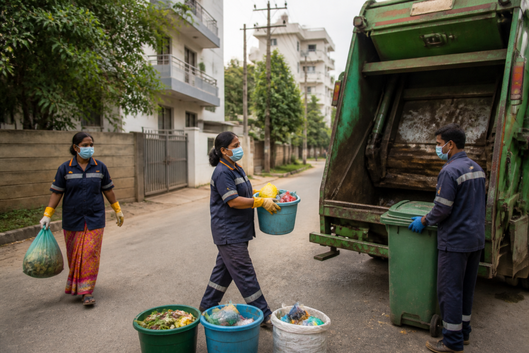 Bengaluru sanitation workers collecting waste on a city street