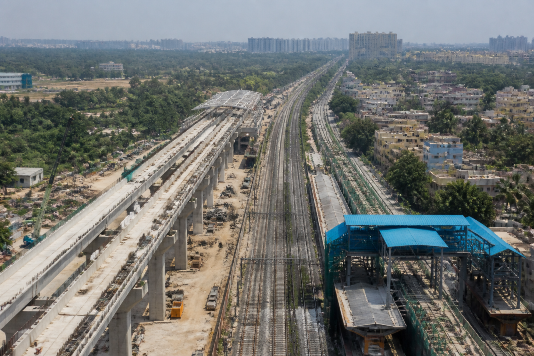 Construction activity along the Bengaluru suburban rail route near Yeshwanthpur and Chikkabanawara
