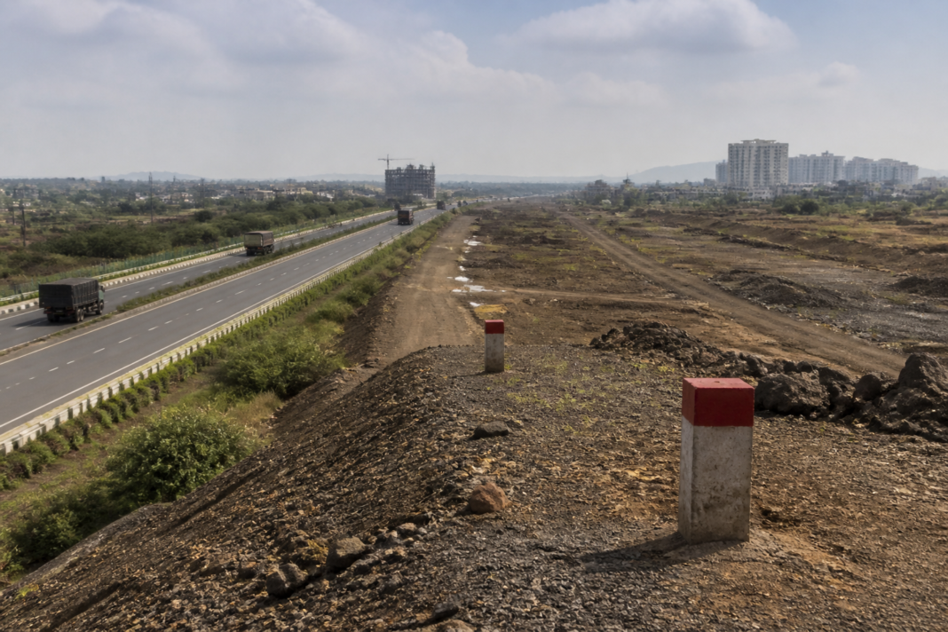 Planned Pune-Mumbai third expressway corridor near Pagote and Chowk, with a highway landscape and urban expansion in the background