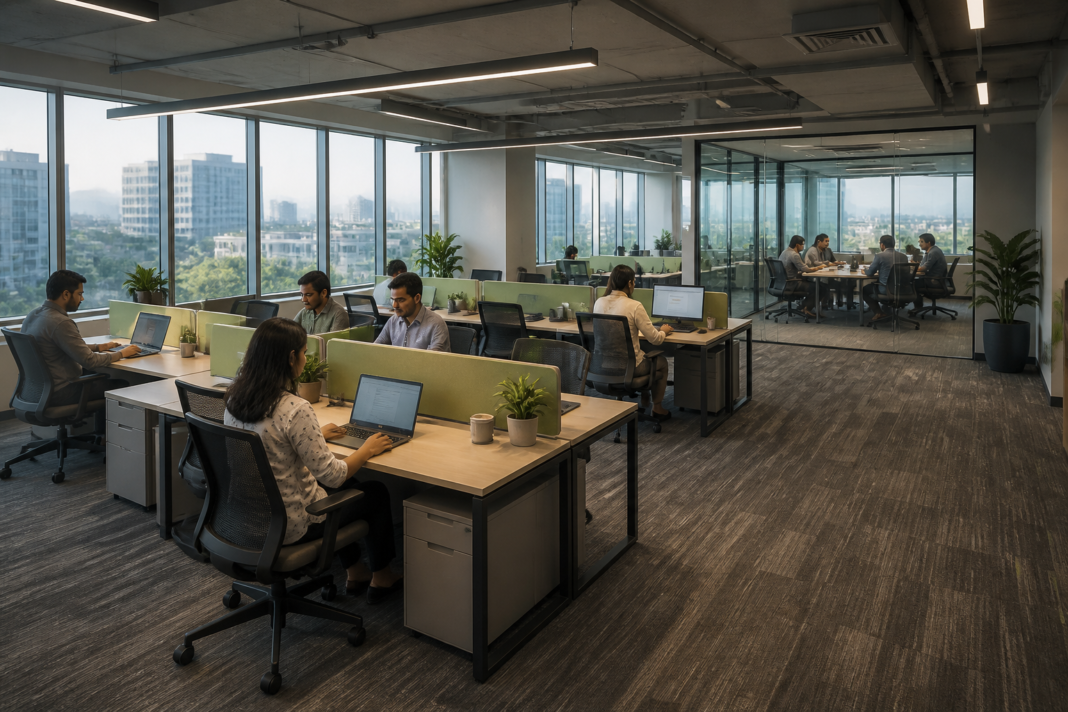 Modern coworking spaces in Pune with shared workstations and a city office district visible through the windows