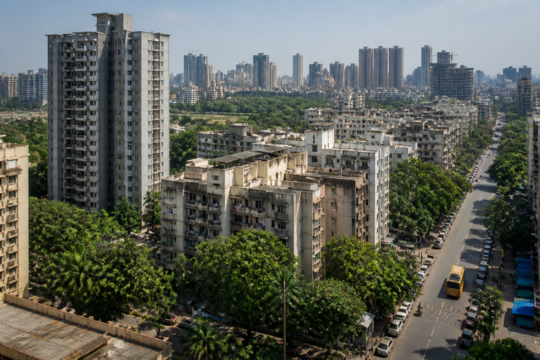 Residential buildings in Ghansoli, Navi Mumbai, representing the cluster redevelopment and infrastructure debate