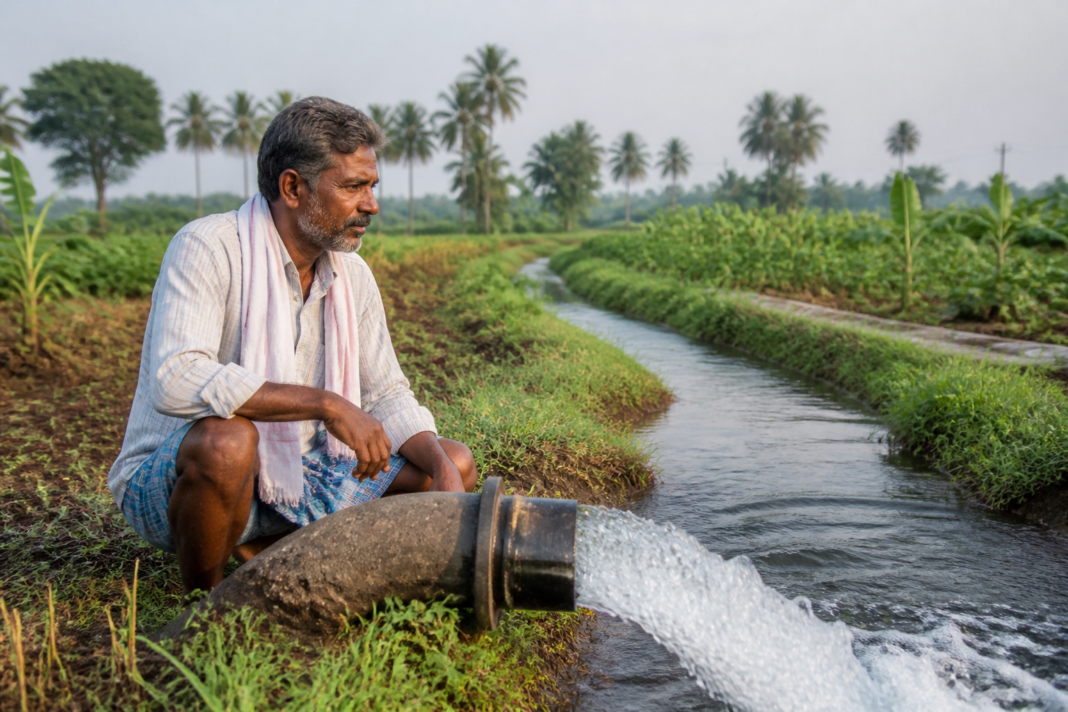 Karnataka farmer inspecting an irrigated field under Devaraj Urs Corporation schemes