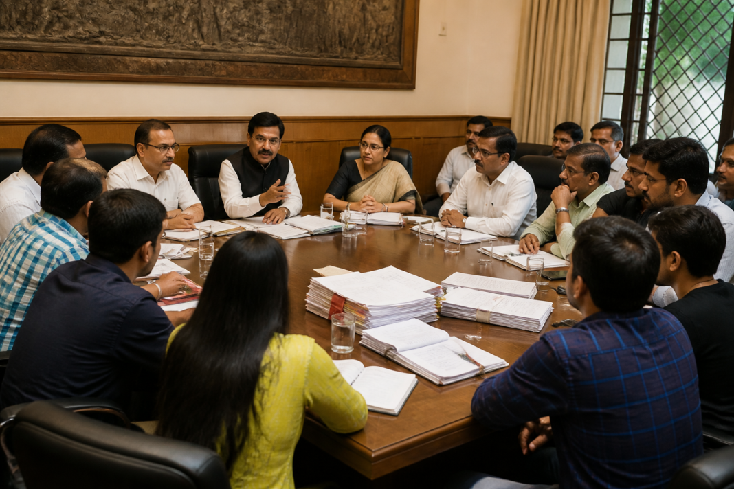 Students and officials at a meeting on the proposed MPSC paper leak law and examination reforms in Maharashtra