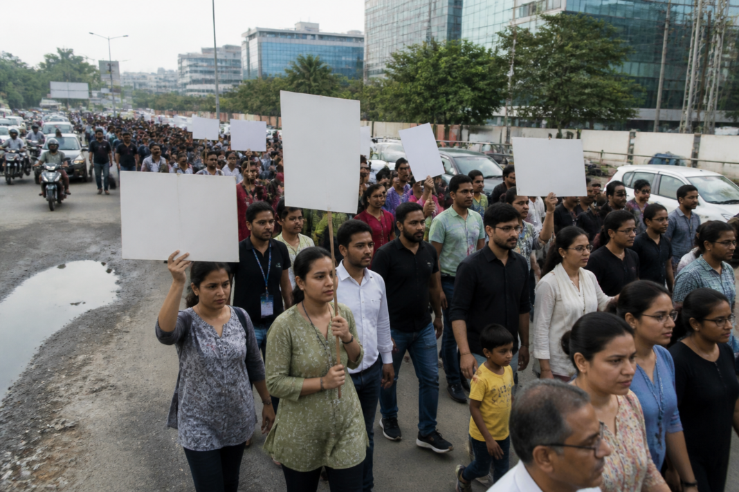 IT employees and residents marching near Hinjewadi IT Park in Pune to demand safer roads and better infrastructure