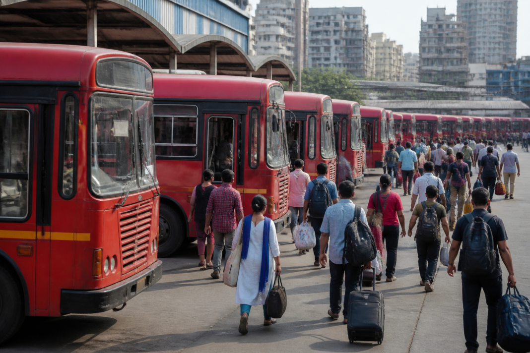 ST buses arranged in Thane for a free Ganeshotsav travel service to Konkan and western Maharashtra