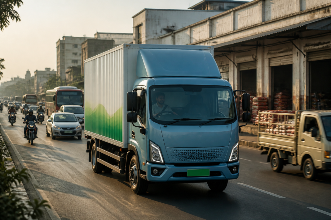 Electric commercial truck operating on an urban freight road in India