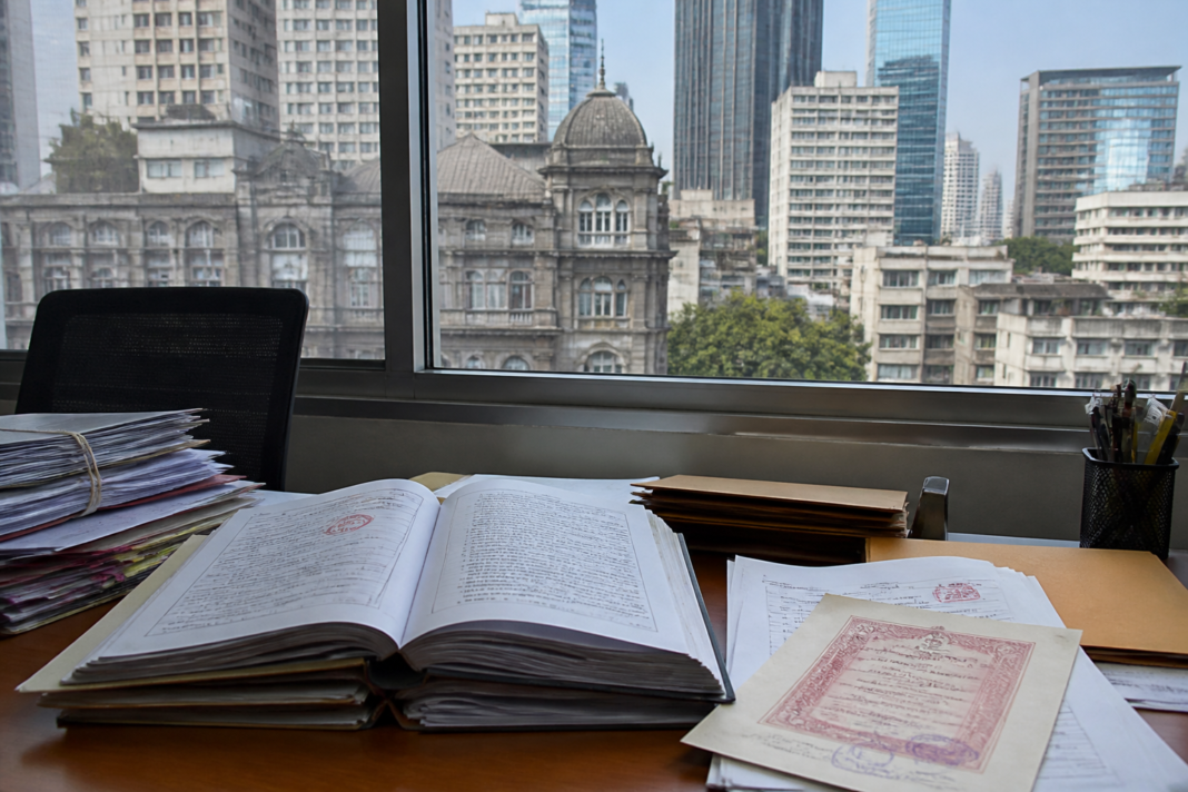 Property title documents and a bank file representing the Bombay High Court case over lost property papers