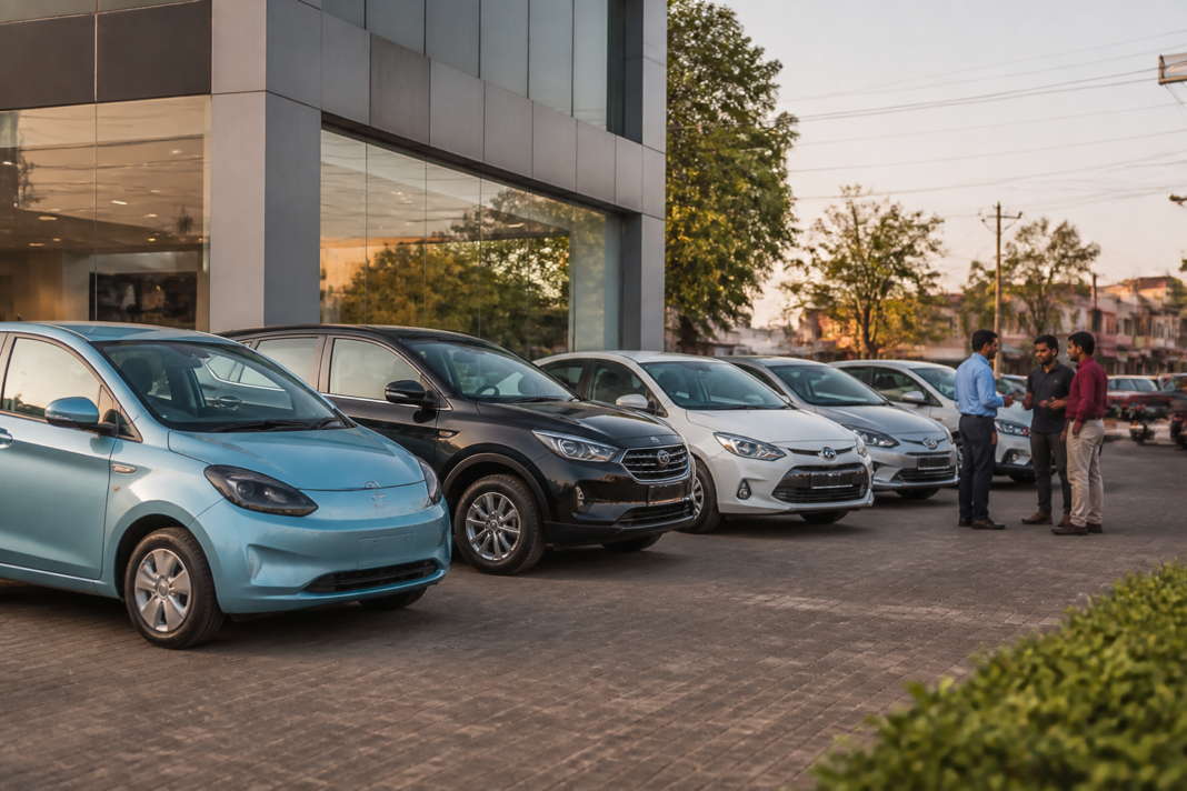 Passenger vehicles displayed at an Indian dealership, illustrating the rise of alternative fuel vehicles in India