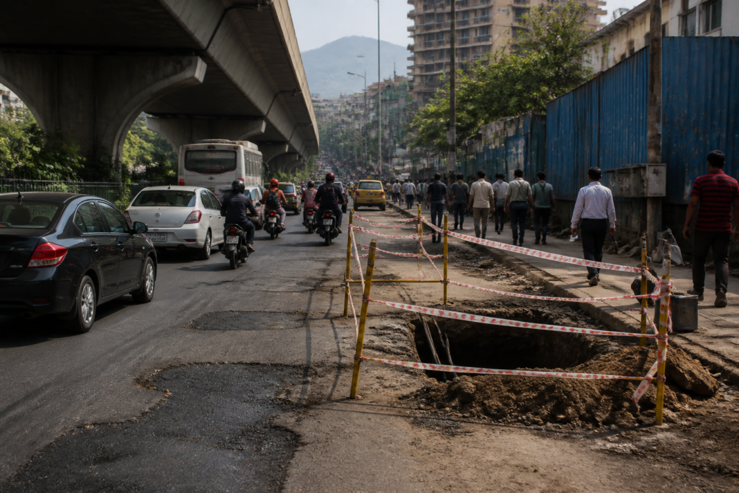 A Pune municipal road with patched asphalt, traffic and utility construction activity showing the city’s road-management challenges