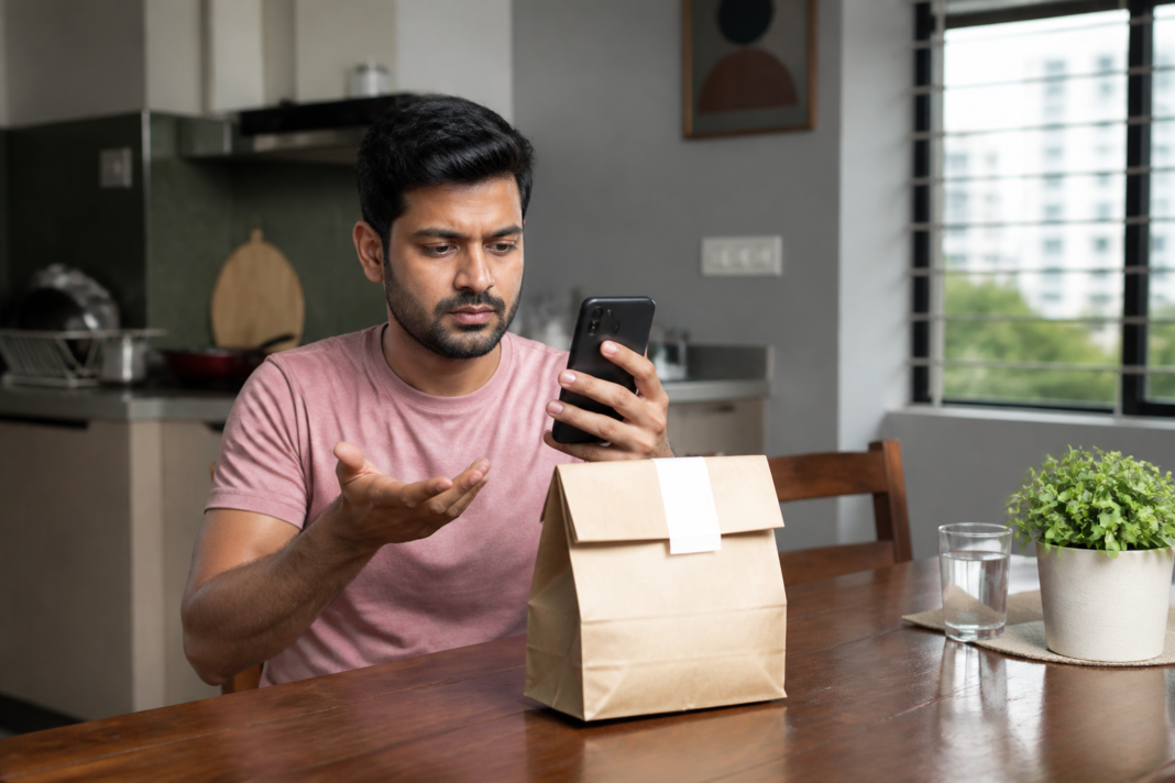 Food delivery customer using a smartphone to report a food safety concern through the Swiggy app