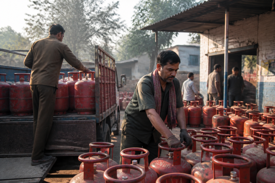 Domestic LPG cylinders arranged at a distribution centre in India after the LPG refill booking interval was reduced to 25 days nationwide