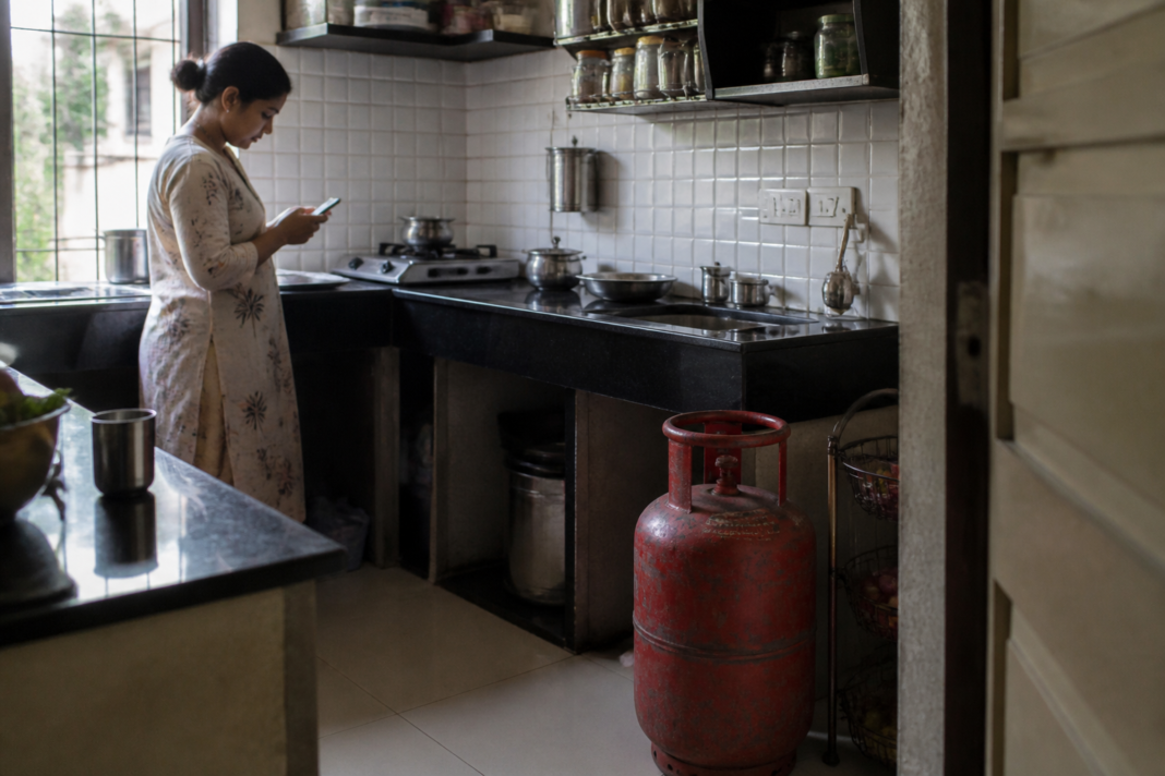 Domestic LPG cylinder beside a kitchen stove, representing the revised 25-day LPG refill booking interval in India