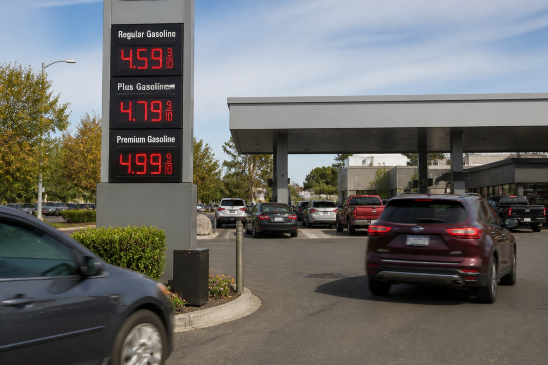US gasoline prices displayed on a fuel station sign beside cars at an American petrol station