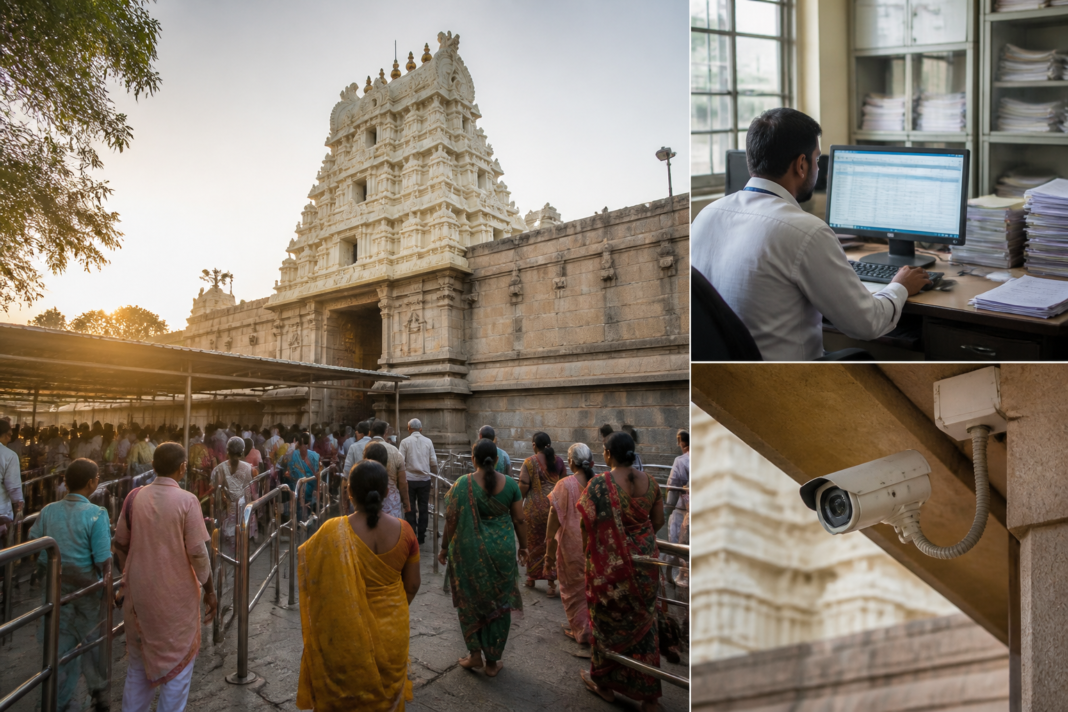 Temple entrance and administrative facilities representing Karnataka temple management and digital oversight