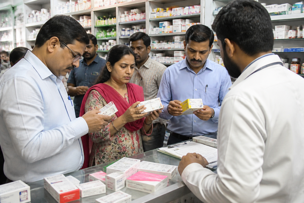 Pharmacist handling medicine packages at a Karnataka drug outlet during drug safety inspections