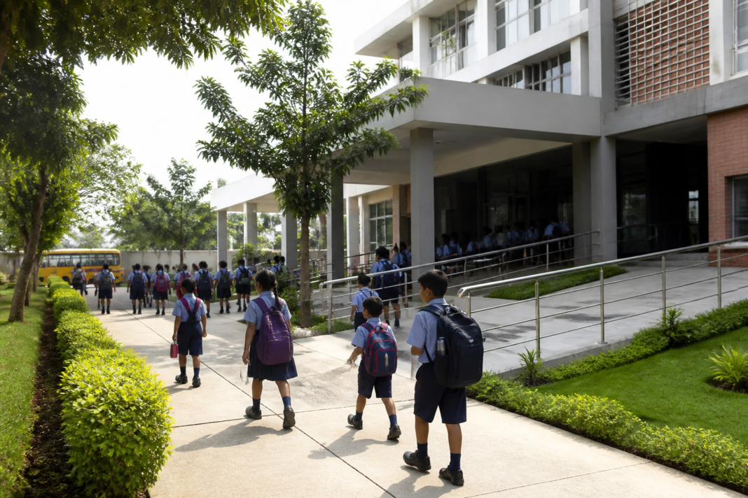 Karnataka Public School campus with students and classroom infrastructure in an urban Karnataka setting