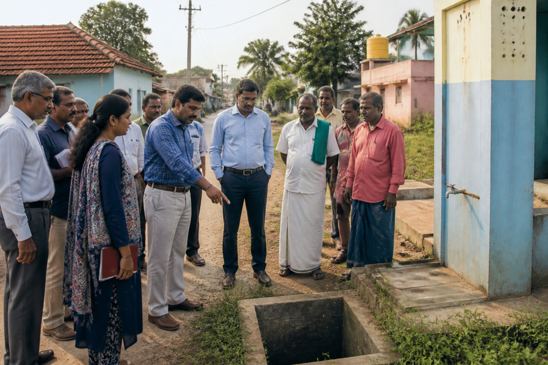 Karnataka rural development officials inspecting public infrastructure and sanitation facilities in a village