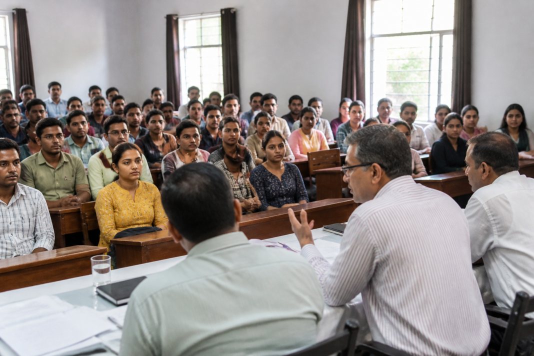 Maharashtra exam reform committee consultation venue at a university campus with students and recruitment exam candidates