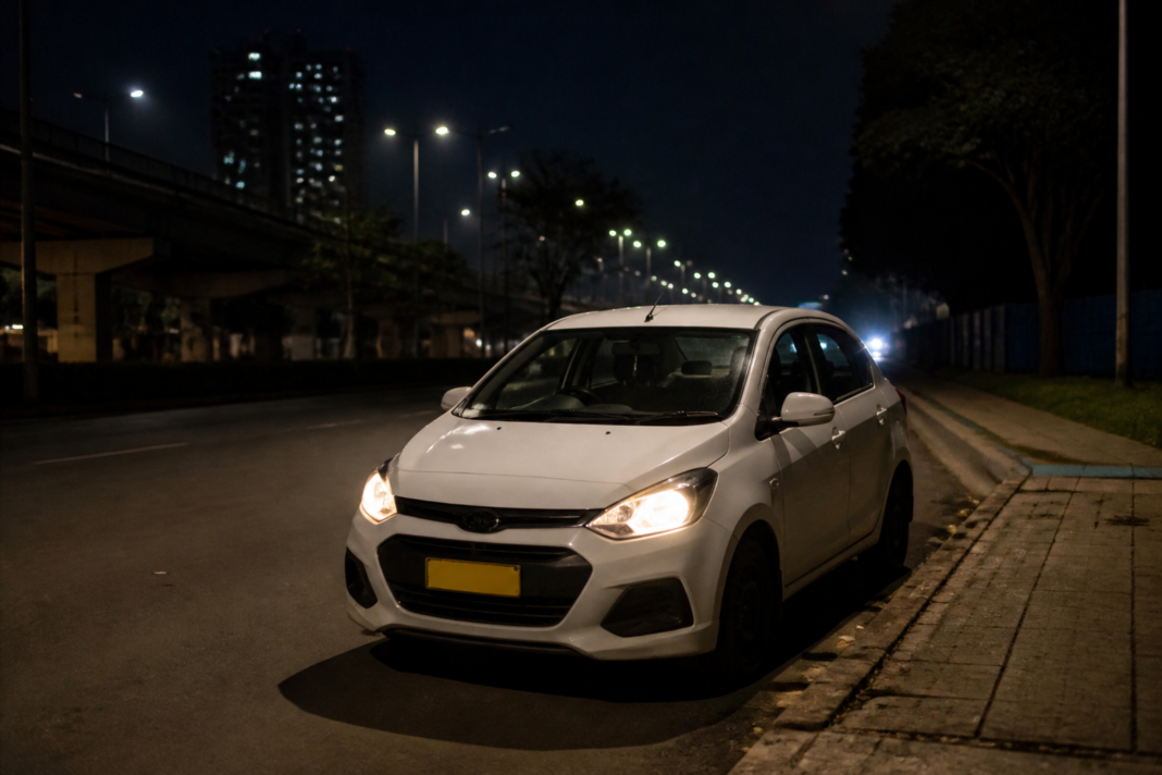A cab parked on a dimly lit Navi Mumbai roadside at night, representing passenger safety concerns