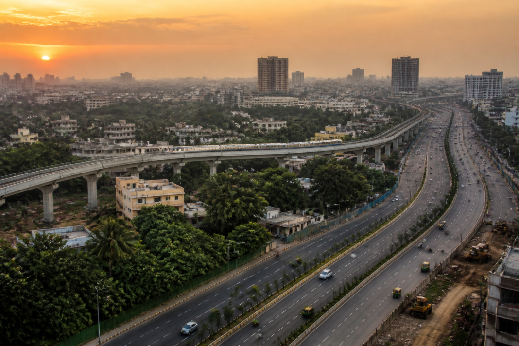 Urban skyline and transport infrastructure representing Karnataka’s debate over developing a second Bengaluru and strengthening multiple cities