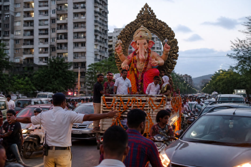 Ganpati arrival procession moving through a congested Vasai-Virar road with traffic police managing vehicles
