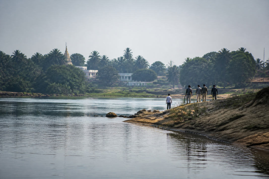 Karnataka CID officials investigating the KPSC recruitment scam, with the Cauvery river in the background