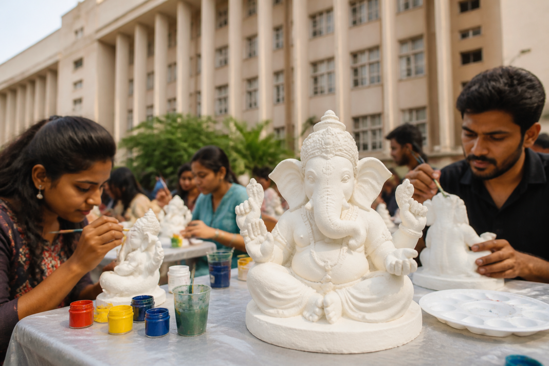 Eco-friendly Ganesh idols made from paper pulp displayed for a Mumbai Ganeshotsav awareness festival