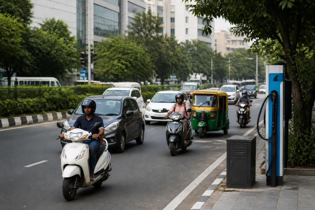 Urban traffic with electric, CNG and hybrid vehicles representing India’s alternative-fuel shift